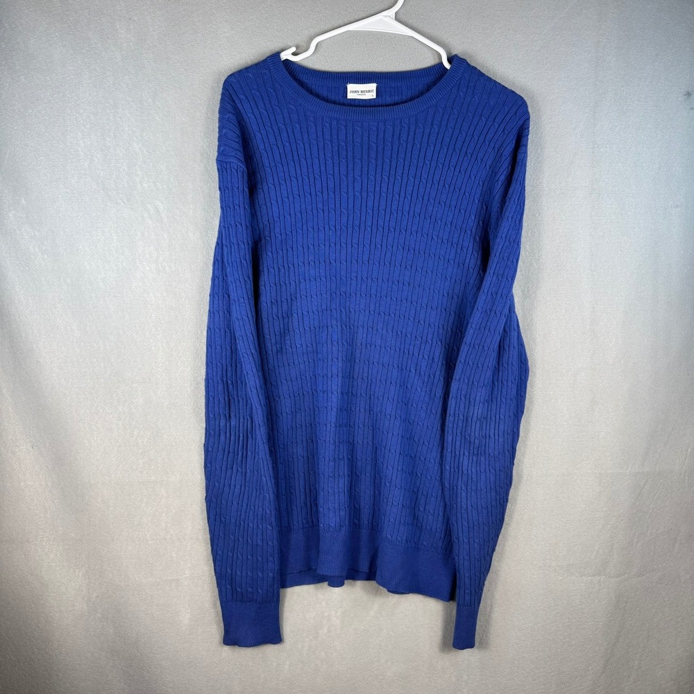 John Henric Sweden Mens Blue 100% Cotton Cable Knit Crewneck Sweater Large